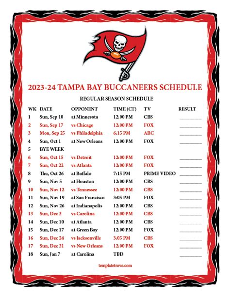 tampa bay buccaneers football schedule|tampa bay bucs schedule printable.